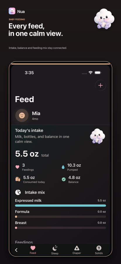 Nua Feed screen showing today's intake and feeding balance