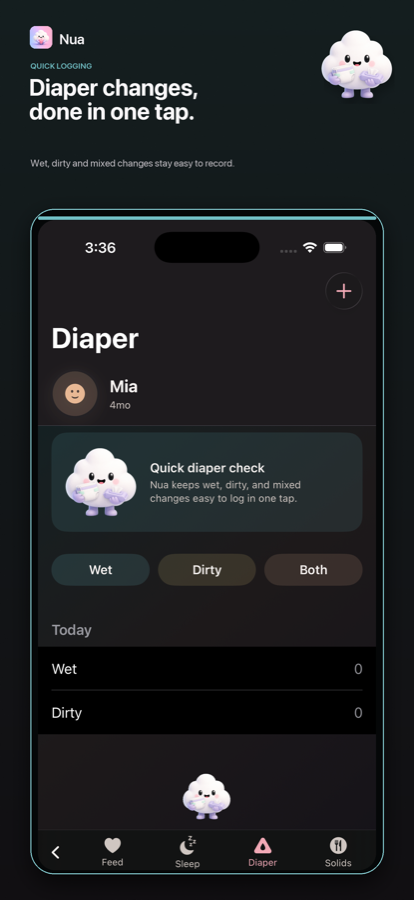 Nua Diaper screen with one-tap quick logging