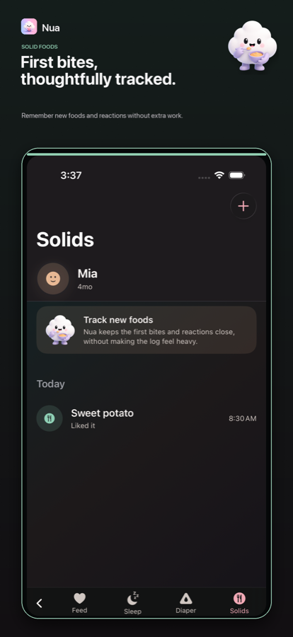Nua Solids screen showing a first food entry