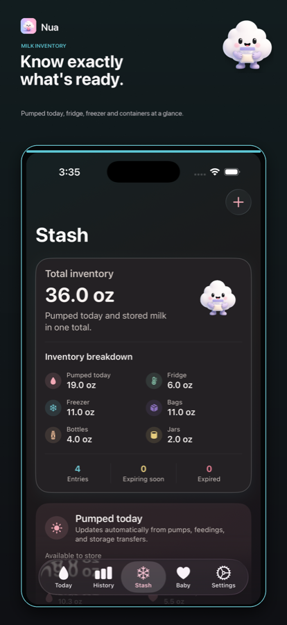 Nua Stash screen showing total inventory and storage breakdown